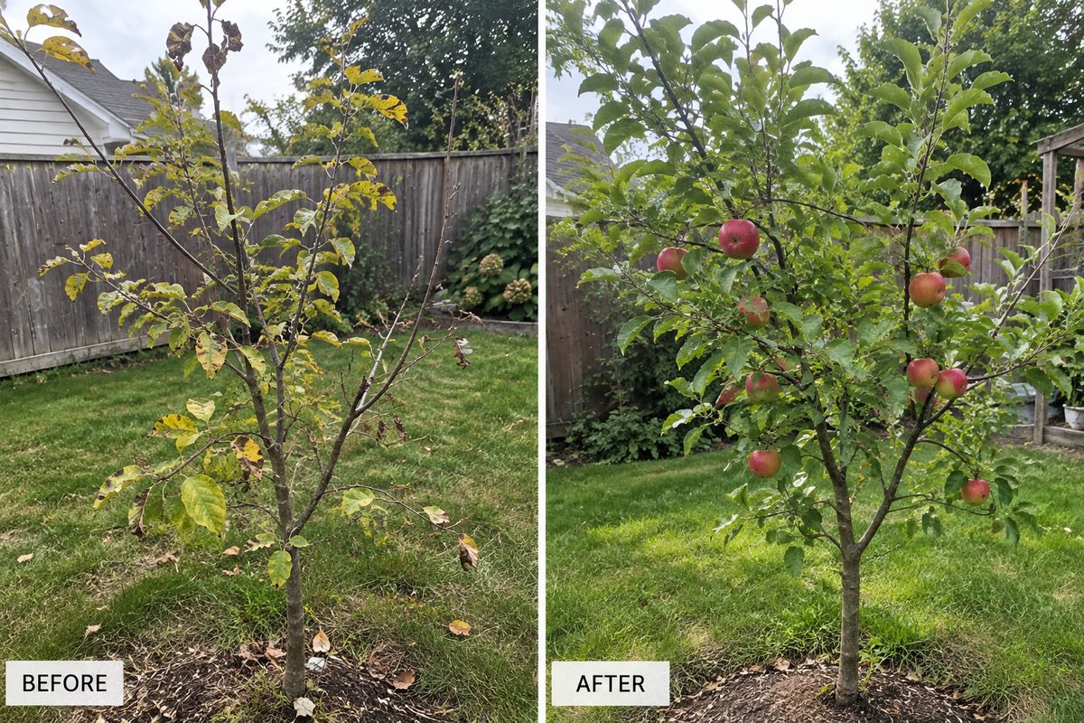 Struggling young apple tree, now fruiting: before and after