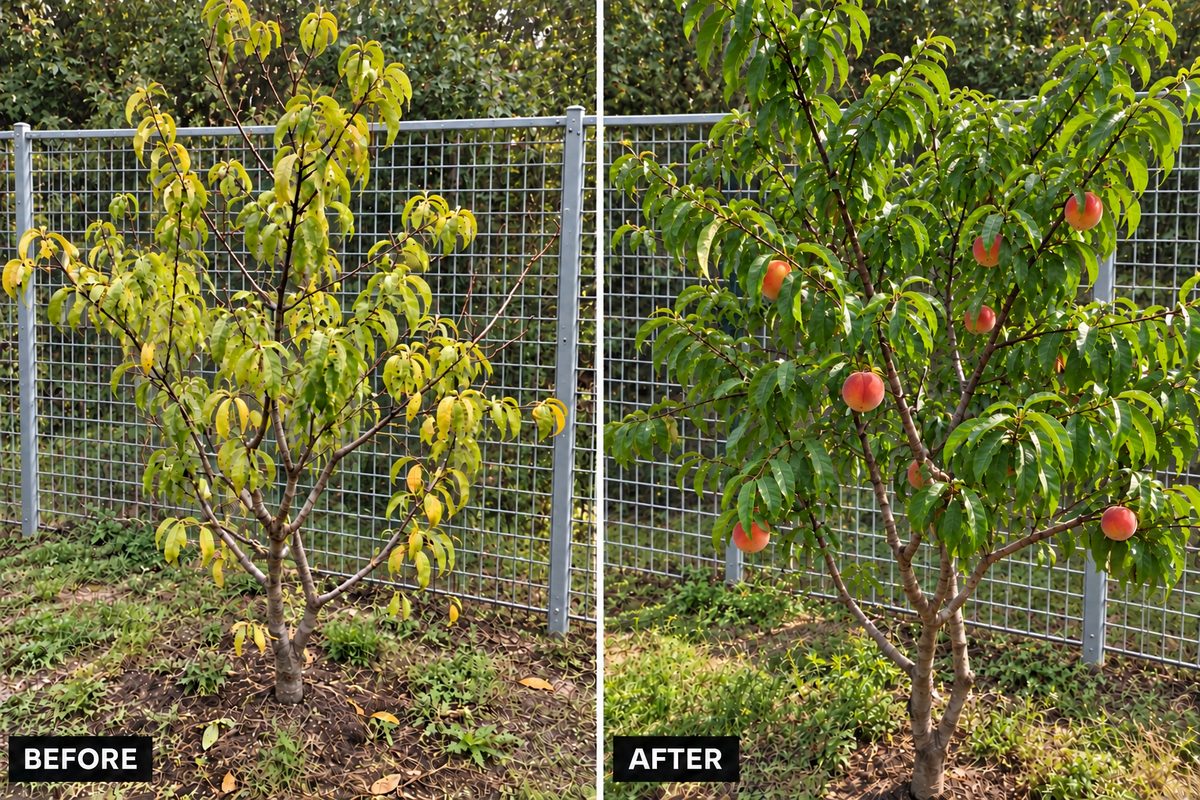 Yellowing peach tree to green leaves and fruit: before and after